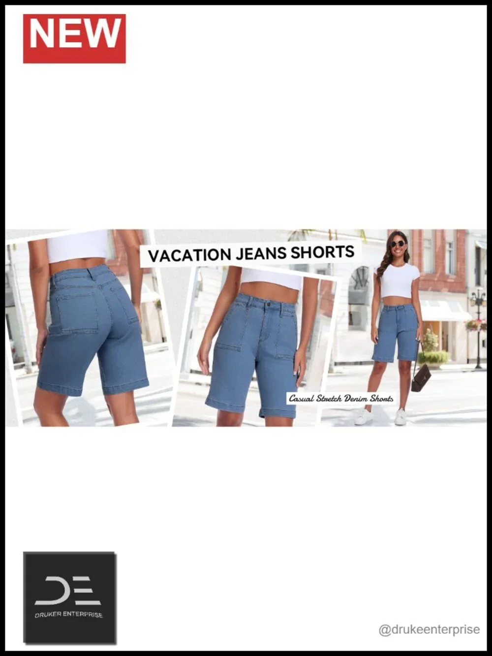 Mid Rise Tummy Control Bermuda Jean Shorts Stretchy Denim Jorts Knee Length Long